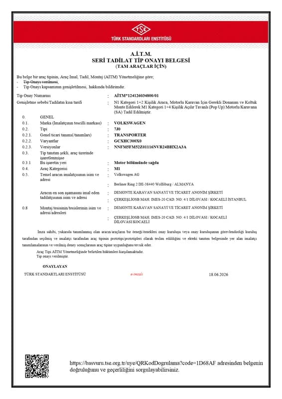 AİTM*124126034800/01 — VW Transporter · 1+2 koltuktan M1 1+4 pop-up karavana tadilat