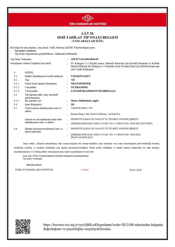 AİTM*124126034836/01 — VW Transporter · 1+5 koltuktan M1 1+4 pop-up karavana tadilat