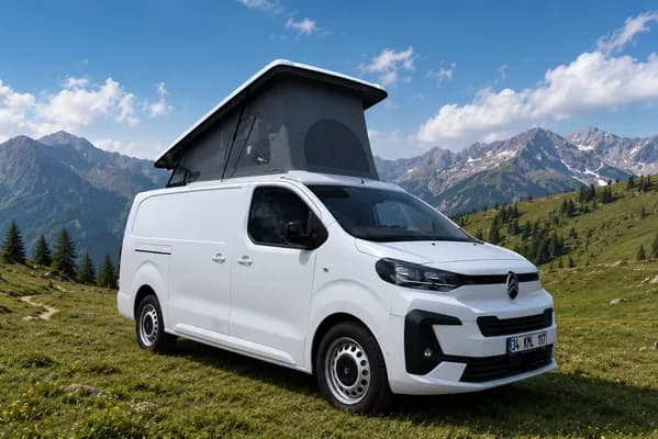 Sonderanfertigung Citroën Jumpy auf einer Bergwiese mit ausgestelltem SCA-Aufstelldach