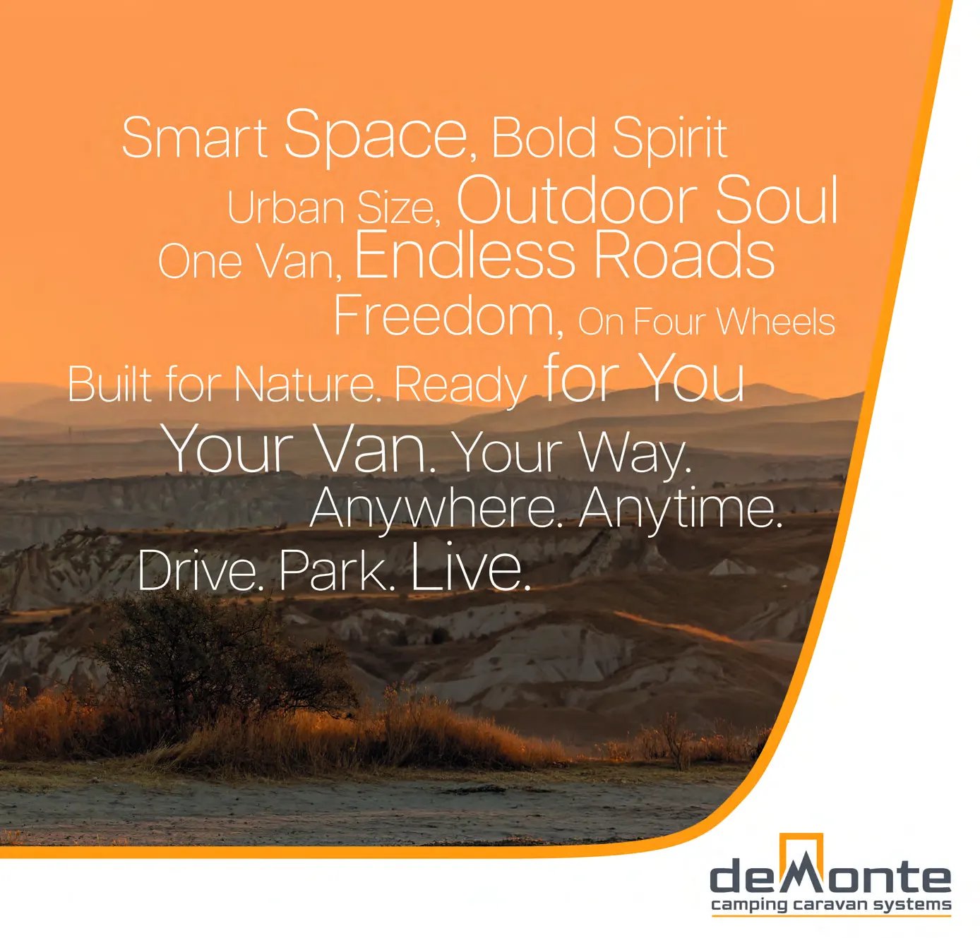 Demonte Karavan Katalog 2026, Seite 9: eine typografische Seite auf Orange: „Smart Space, Bold Spirit · One Van, Endless Roads“