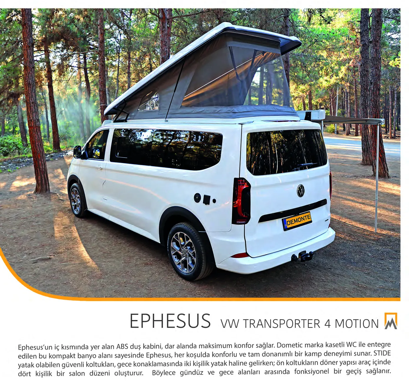 Demonte Karavan Katalog 2026, Seite 13: der EPHESUS in der Heckdreiviertelansicht: ein weißer VW Transporter mit langem Radstand