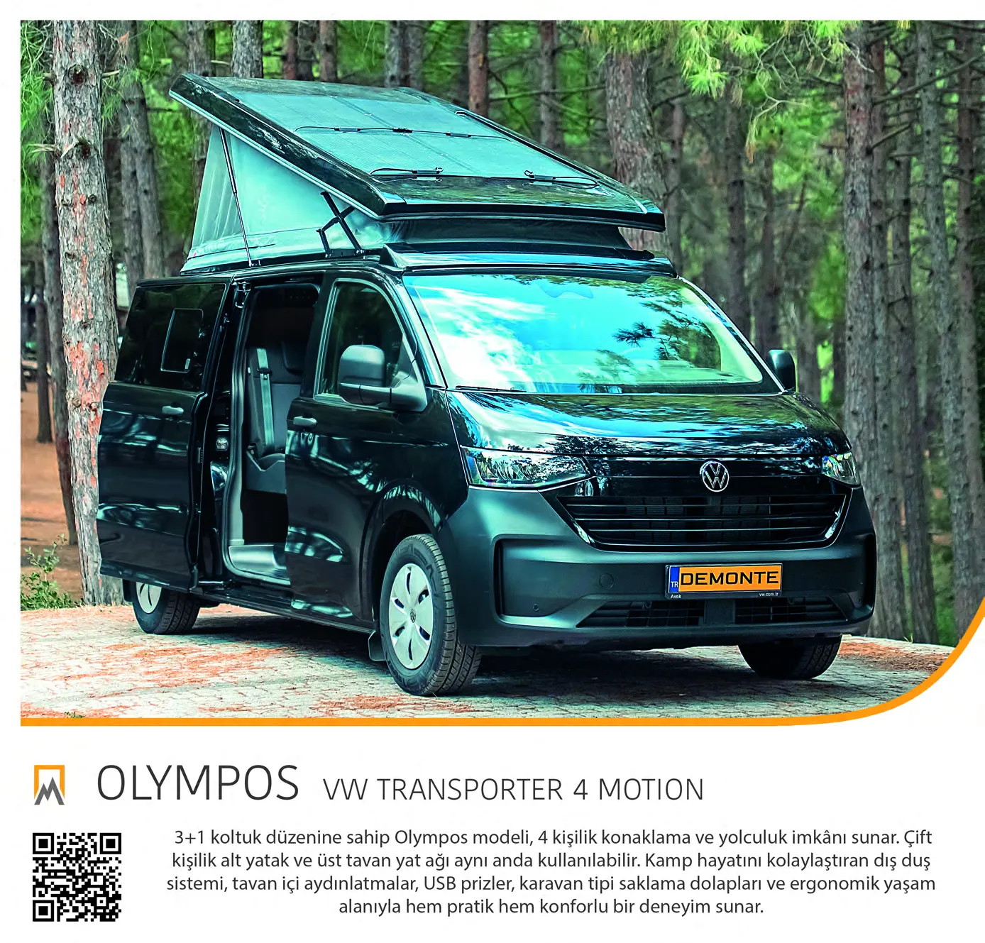 Demonte Karavan Katalog 2026, Seite 14: das Modell OLYMPOS auf einem dunkelgrünen VW Transporter 4Motion im Wald