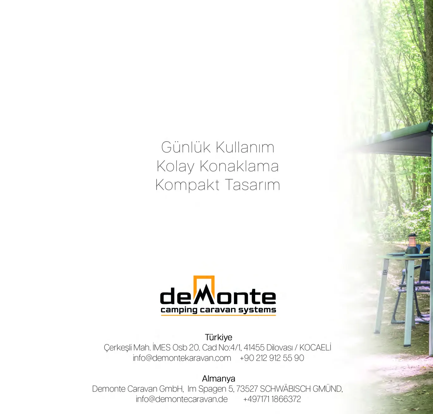 Demonte Karavan Katalog 2026, Seite 20: Rückseite mit den Kontaktdaten für die Türkei (Dilovası, Kocaeli) und Deutschland (Schwäbisch Gmünd)